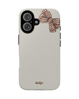 Fall Box Tough Phone Case featuring a plaid bow on a taupe background from fall Collection Toffee Latte
