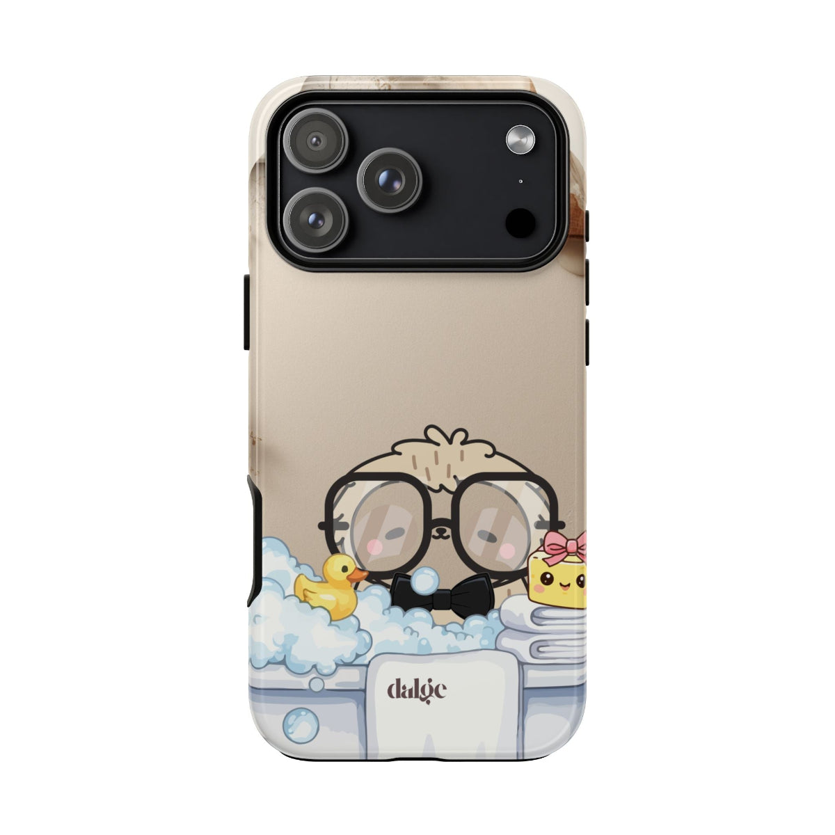 Lazy Lou Enjoying a Bubble Bath case illustrating Lou in a soothing scene with a bath and rubber duck, perfect for whimsical, protective style.