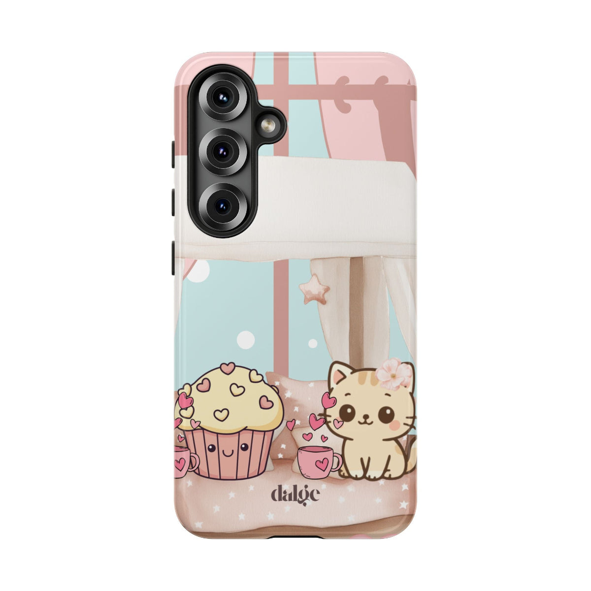 Momo's Valentines Day case showcasing a cute, pastel scene with Momo curled up with a mug, full wrap-around print, and protective layers.