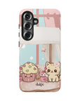 Momo's Valentines Day case showcasing a cute, pastel scene with Momo curled up with a mug, full wrap-around print, and protective layers.