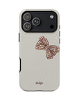Fall Box Tough Phone Case featuring a plaid bow on a taupe background from fall  Collection Toffee Latte