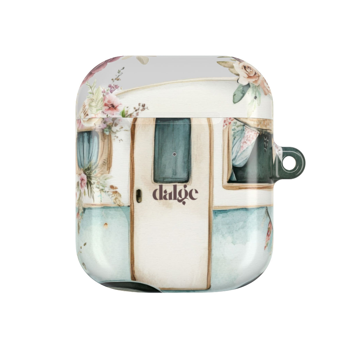 Pick Me Up At 8 Earbuds Case—Glossy polycarbonate shell featuring vintage travel watercolor camper and floral artwork, lightweight design, with clip attachment.