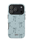 Close-up of the glossy finish on the My Blues Tough Case featuring scattered hearts and bows design
