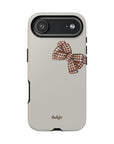 Fall Box Tough Phone Case featuring a plaid bow on a taupe background from fall  Collection Toffee Latte