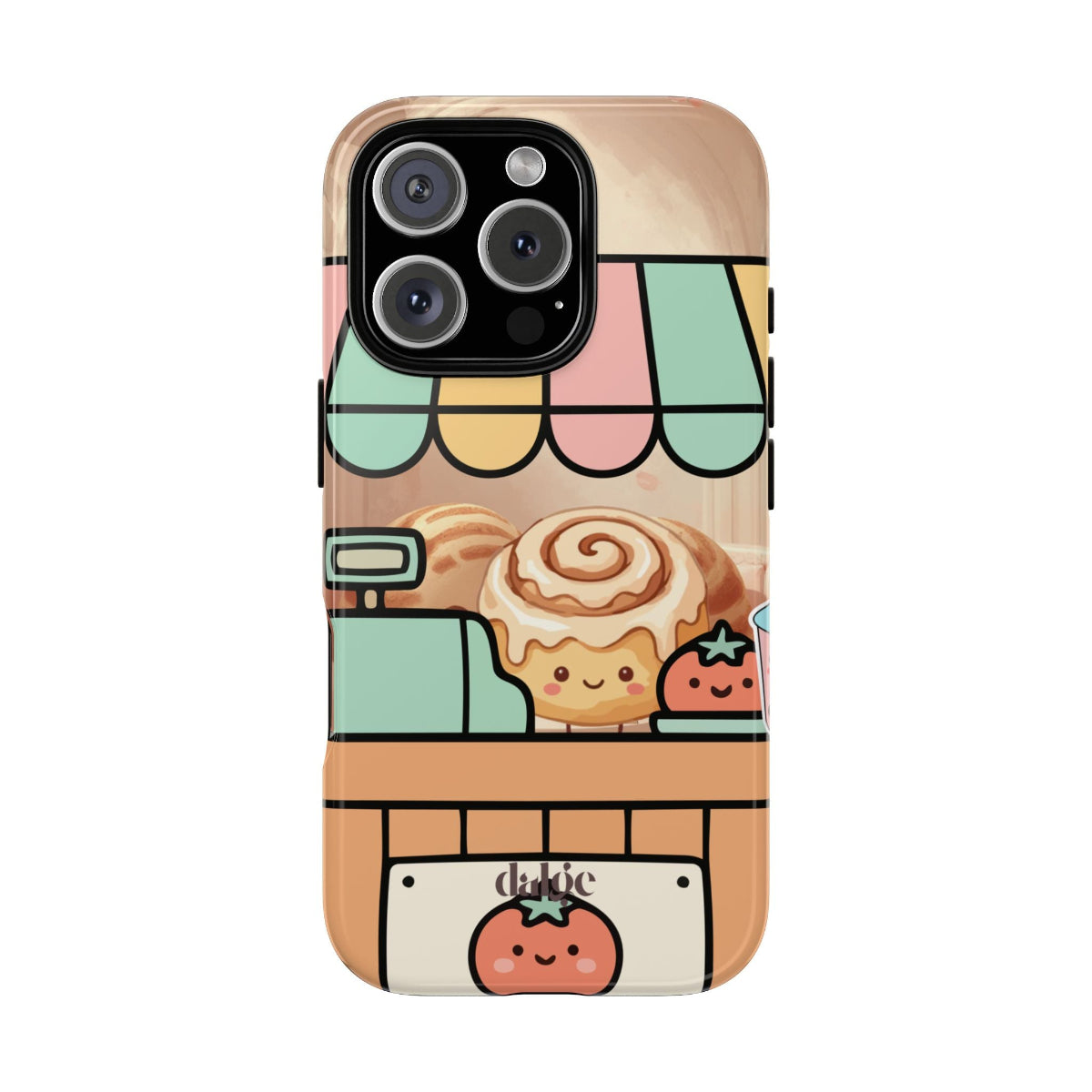 Full-wrap Cinna Working on Valentine’s case featuring a kawaii bakery counter with Cinna, strawberries, and bubble tea underneath a striped awnin