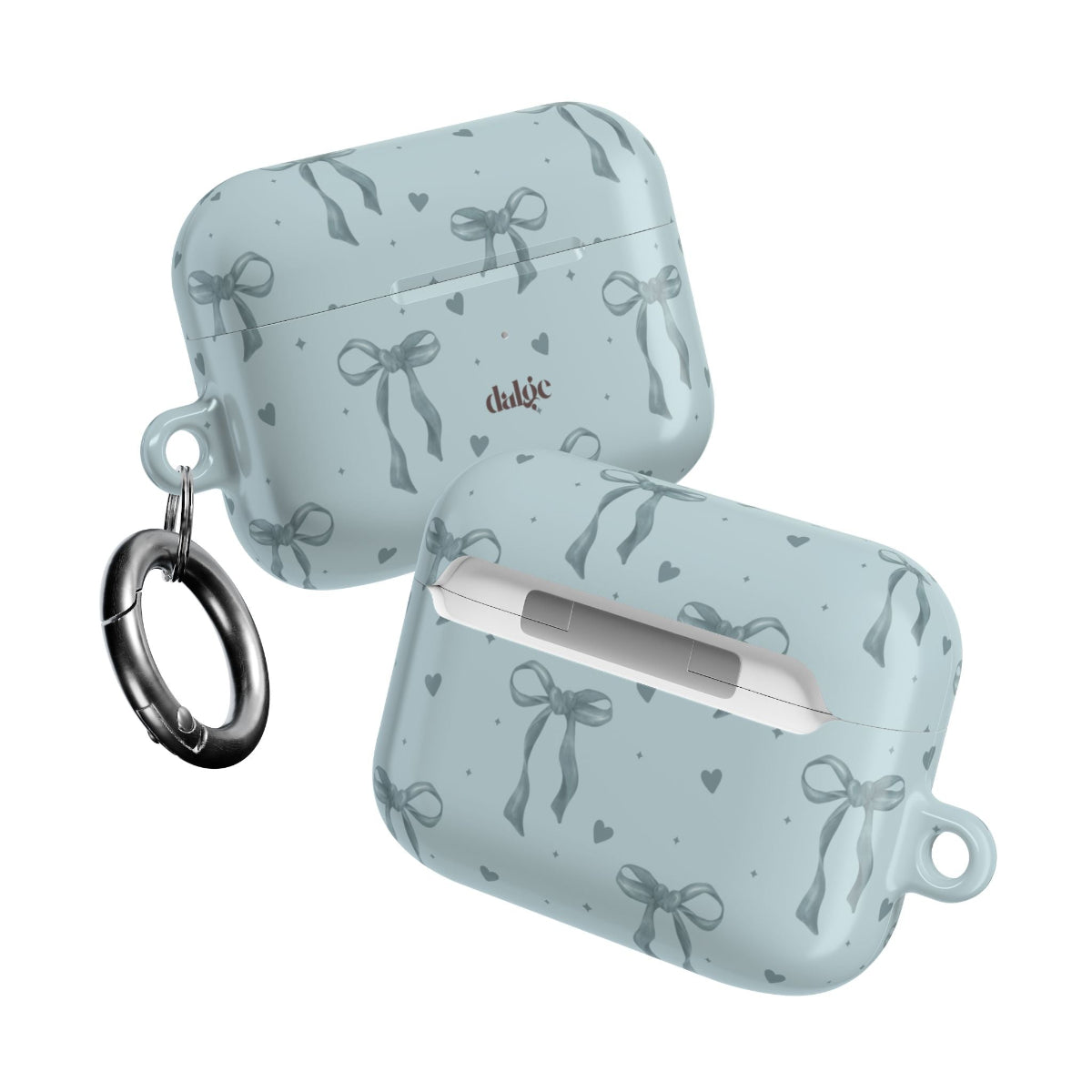 My Blues AirPods Case  with bows and hearts on a soft blue glossy background