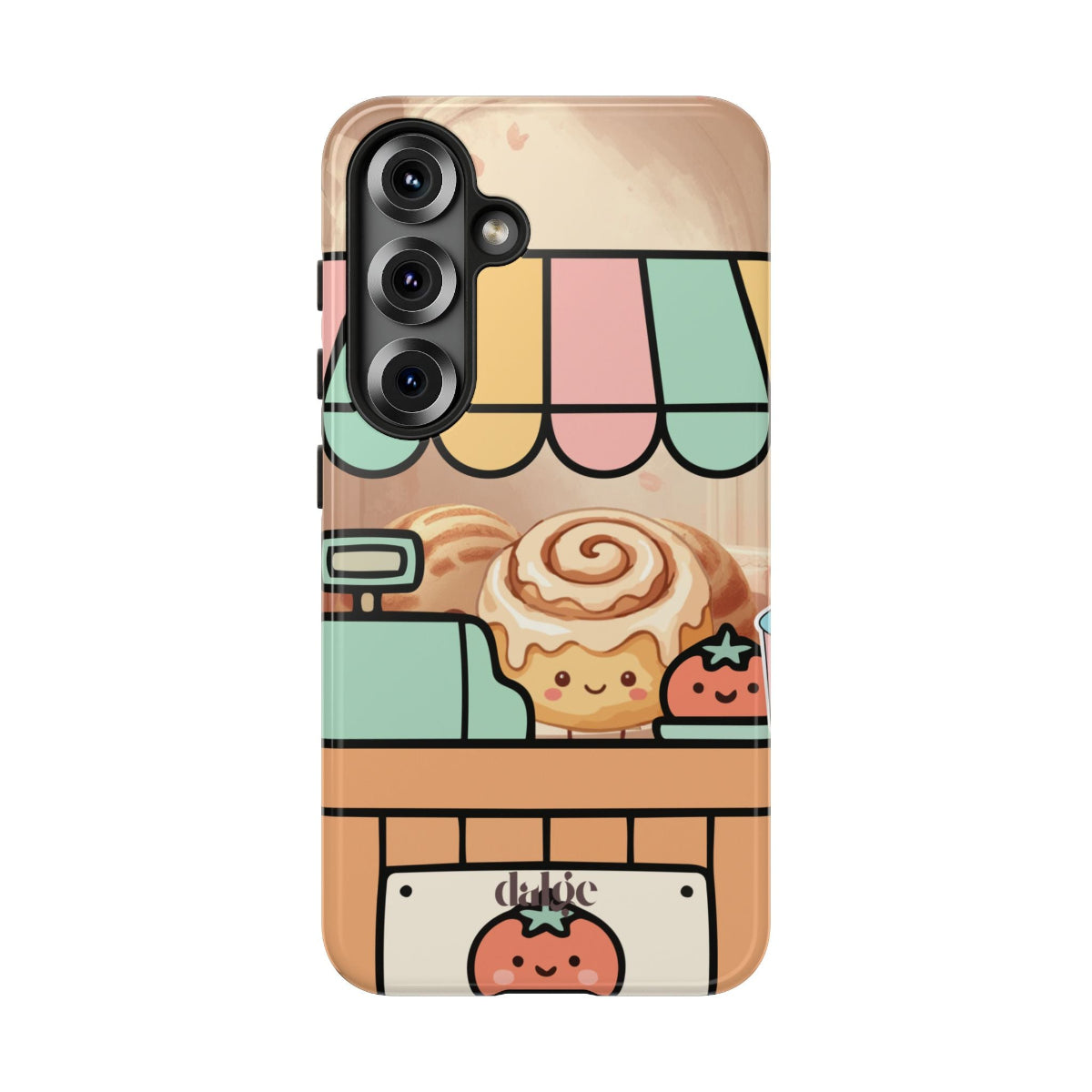 Cinna Working on Valentine’s Phone Case with a cute bakery setting, including a smiling cinnamon roll, strawberry, and bubble tea in a full-edge print.