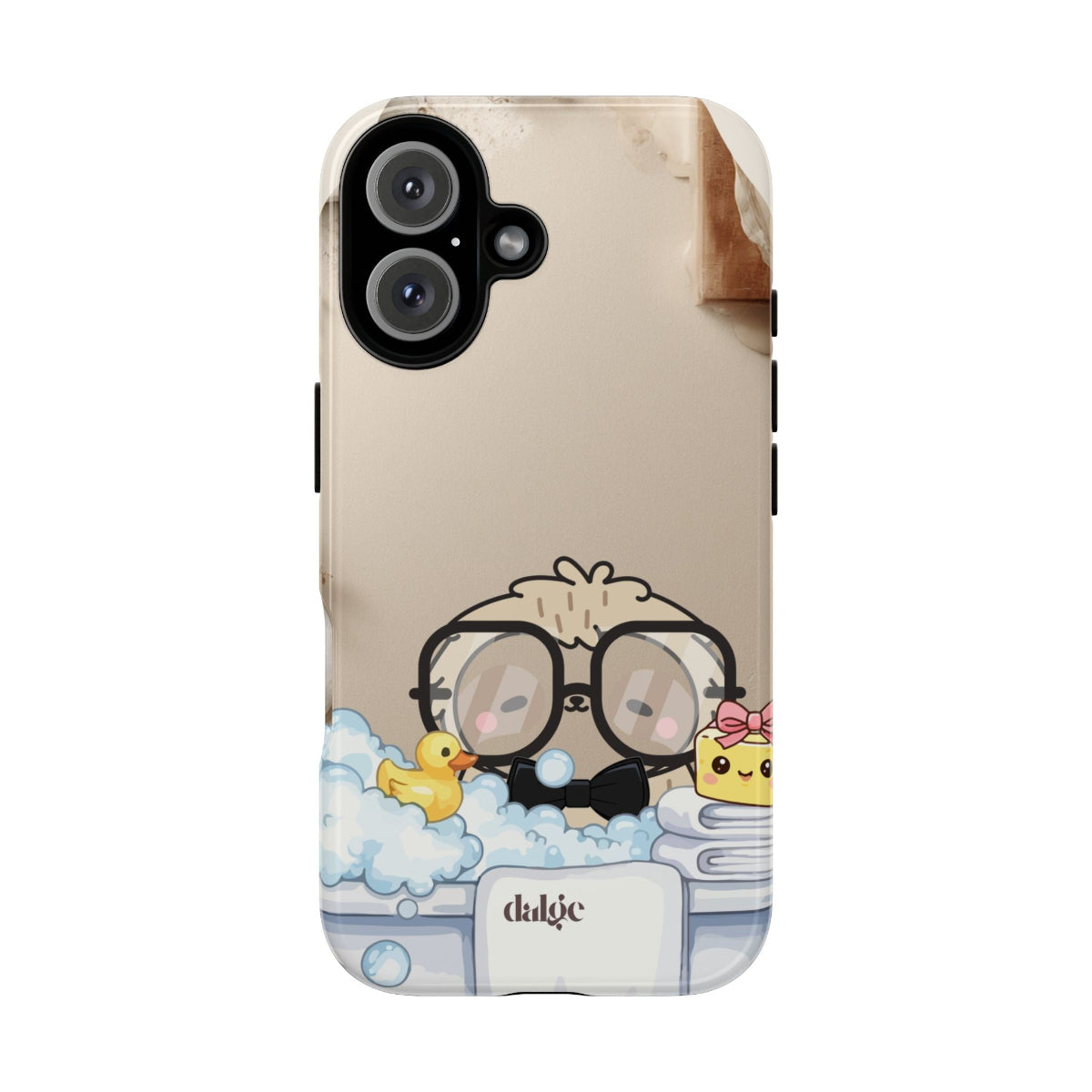 Lazy Lou Enjoying a Bubble Bath phone case showing a cute scene of Lou in a bubbly tub with a rubber duck, full wrap artwork.