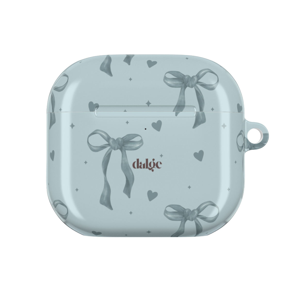 My Blues AirPods Case Close-up of the glossy blue AirPods case decorated with tiny bows and scattered hearts, showcasing its delicate, feminine design.