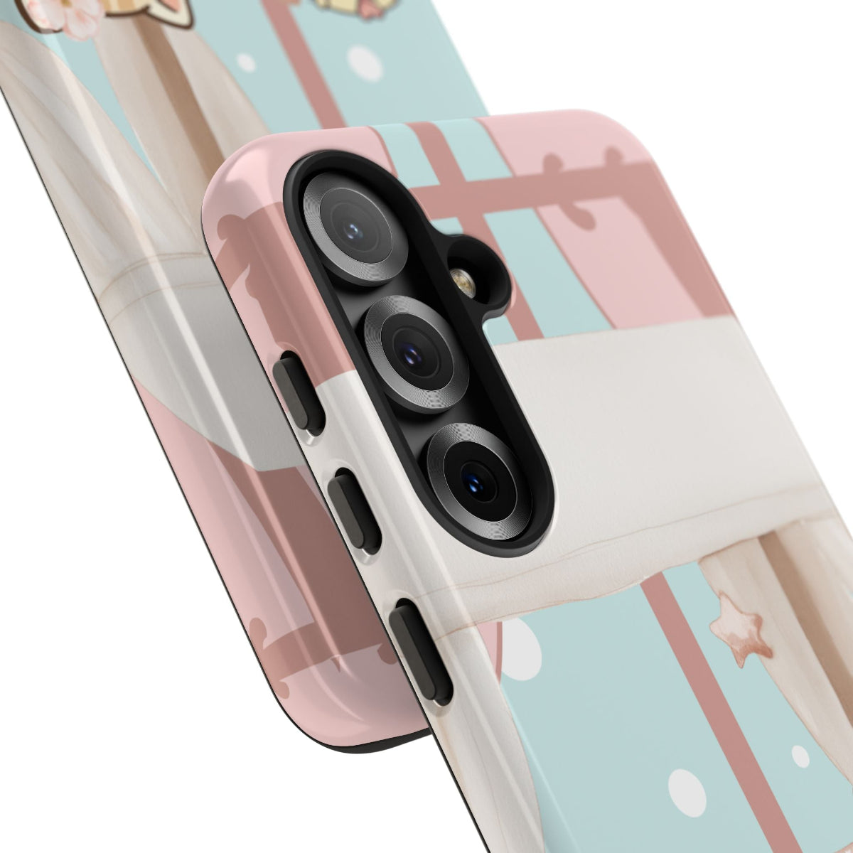 Impact-resistant Momo's Valentines Day Tough Phone Case with a full-edge scene of Momo snuggling with cupcakes and a warm drink.