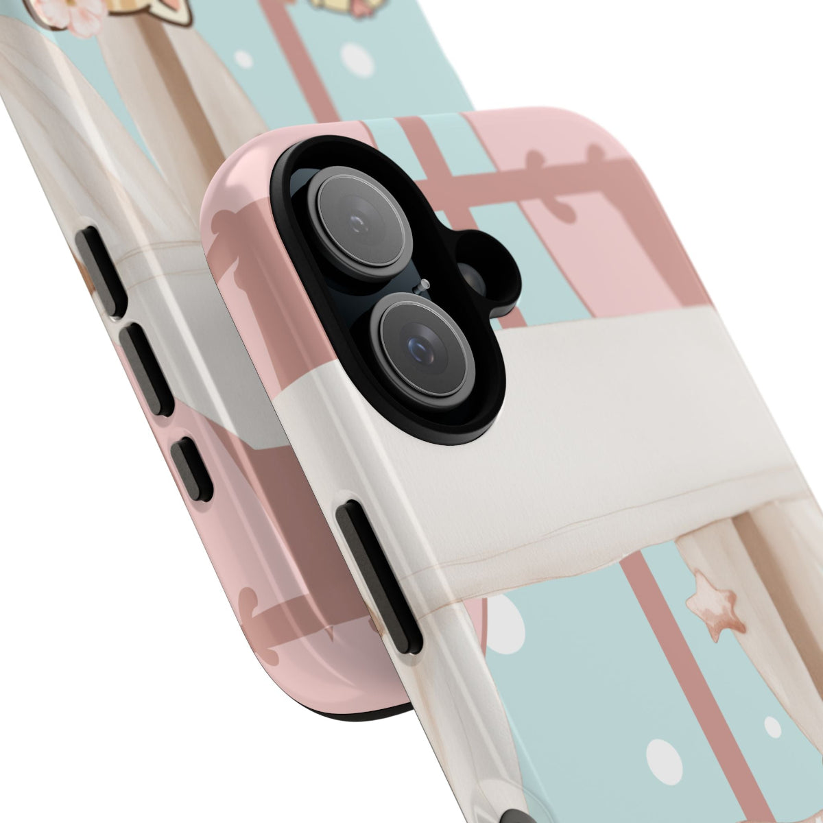 Side view of Momo's Valentines Day case exhibiting a seamless, cozy scene with soft colors and impact-resistant dual layers.