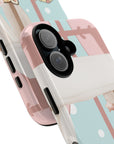 Side view of Momo's Valentines Day case exhibiting a seamless, cozy scene with soft colors and impact-resistant dual layers.