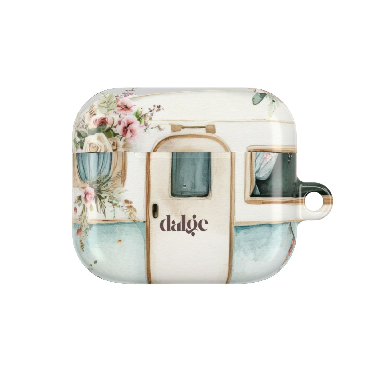 Pick Me Up At 8 Earbuds Case—Glossy polycarbonate shell featuring vintage travel watercolor camper and floral artwork, lightweight design, with clip attachment.