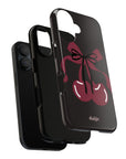 What About Cherries Tough Phone Case | Durable & Stylish, tough phone case featuring two red cherries and bows on black glossy background