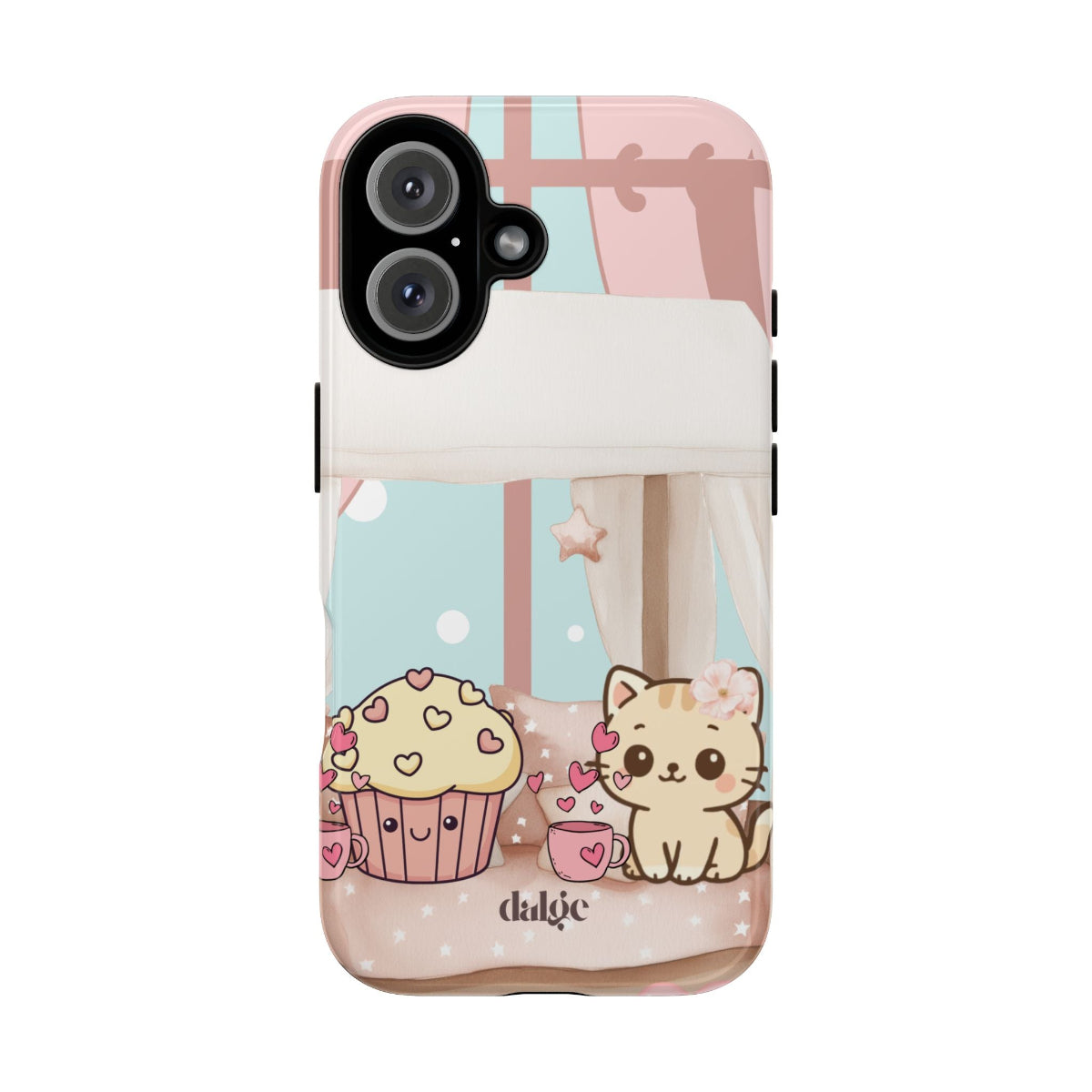 Full-wrap Momo's Valentines Day case featuring a snug window nook, tiny cupcakes, and Momo curled up with a steaming mug.