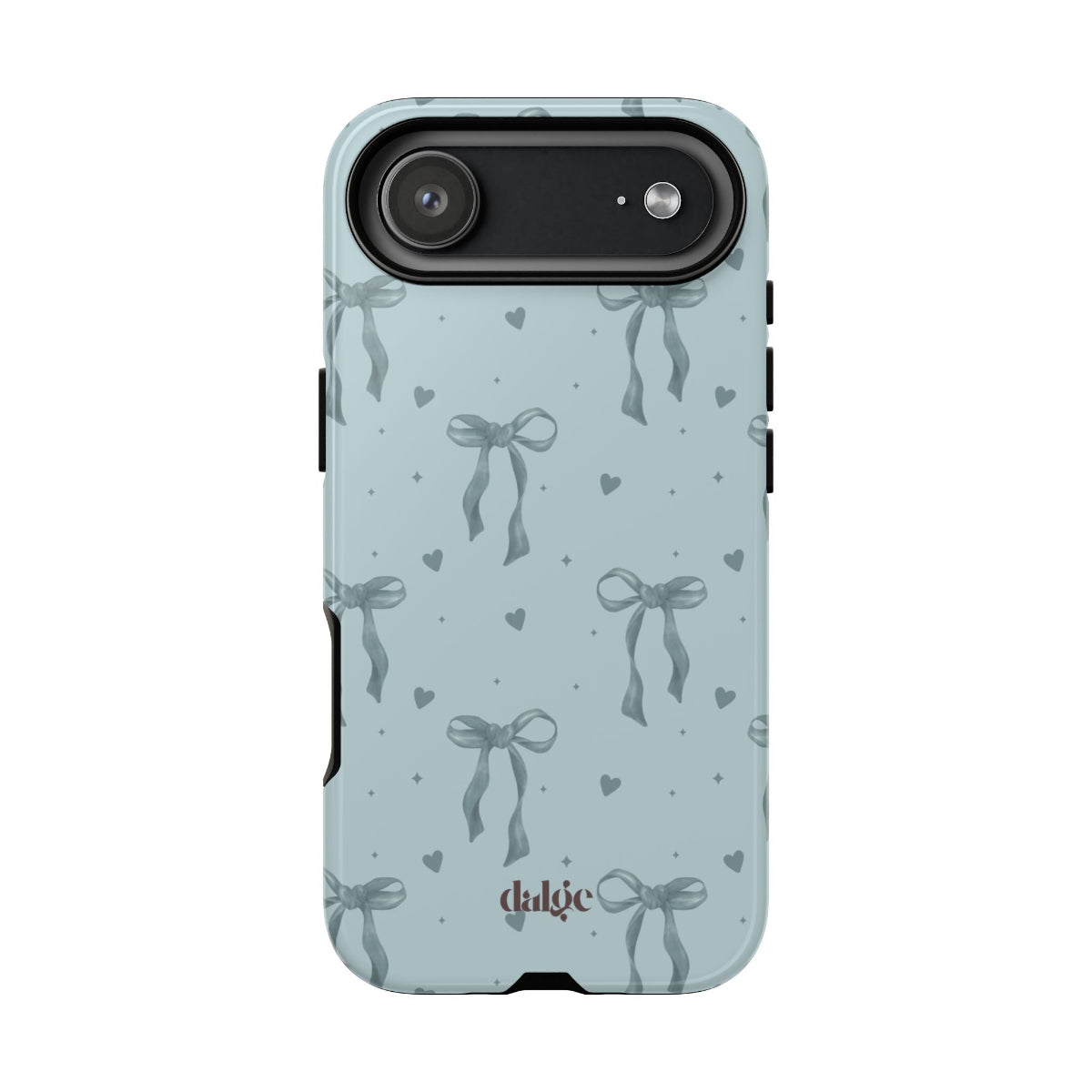 My Blues Tough Case with vintage-blue bow pattern, glossy or matte finish, shock protection, and wireless charging compatibility.