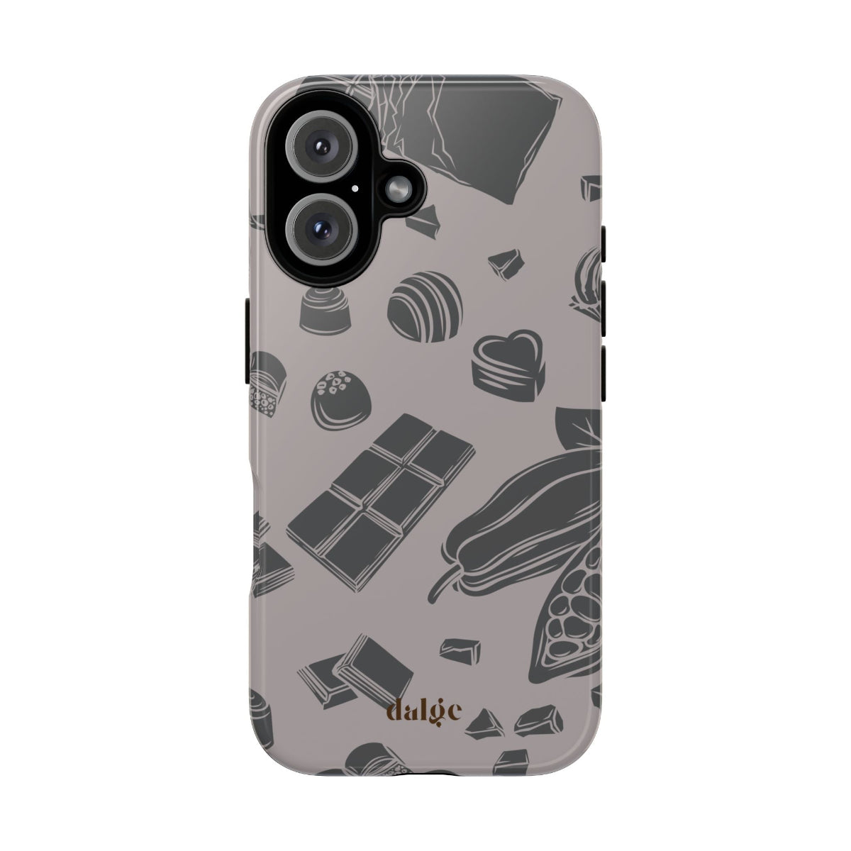 Sweet Course Tough Phone Case featuring design of chocolates in black color on taupe color background fully wrapping around the phone in an artistic way.