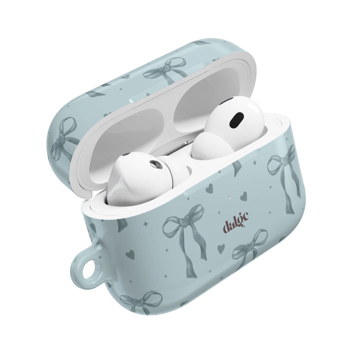 My Blues AirPods Case highlighting the case’s elegant blue finish with whimsical bows and hearts, perfect for a feminine, vintage-inspired look.
