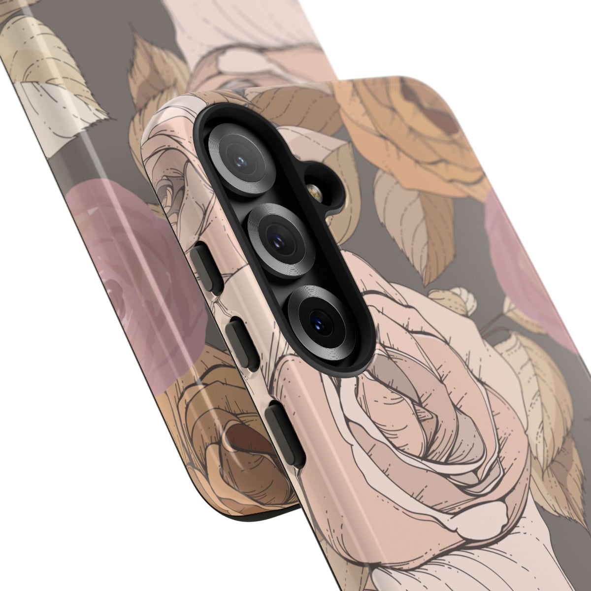 Vintage Floral Tough Phone Case with soft beige florals on dark purple background giving a velvety aesthetic and touch 