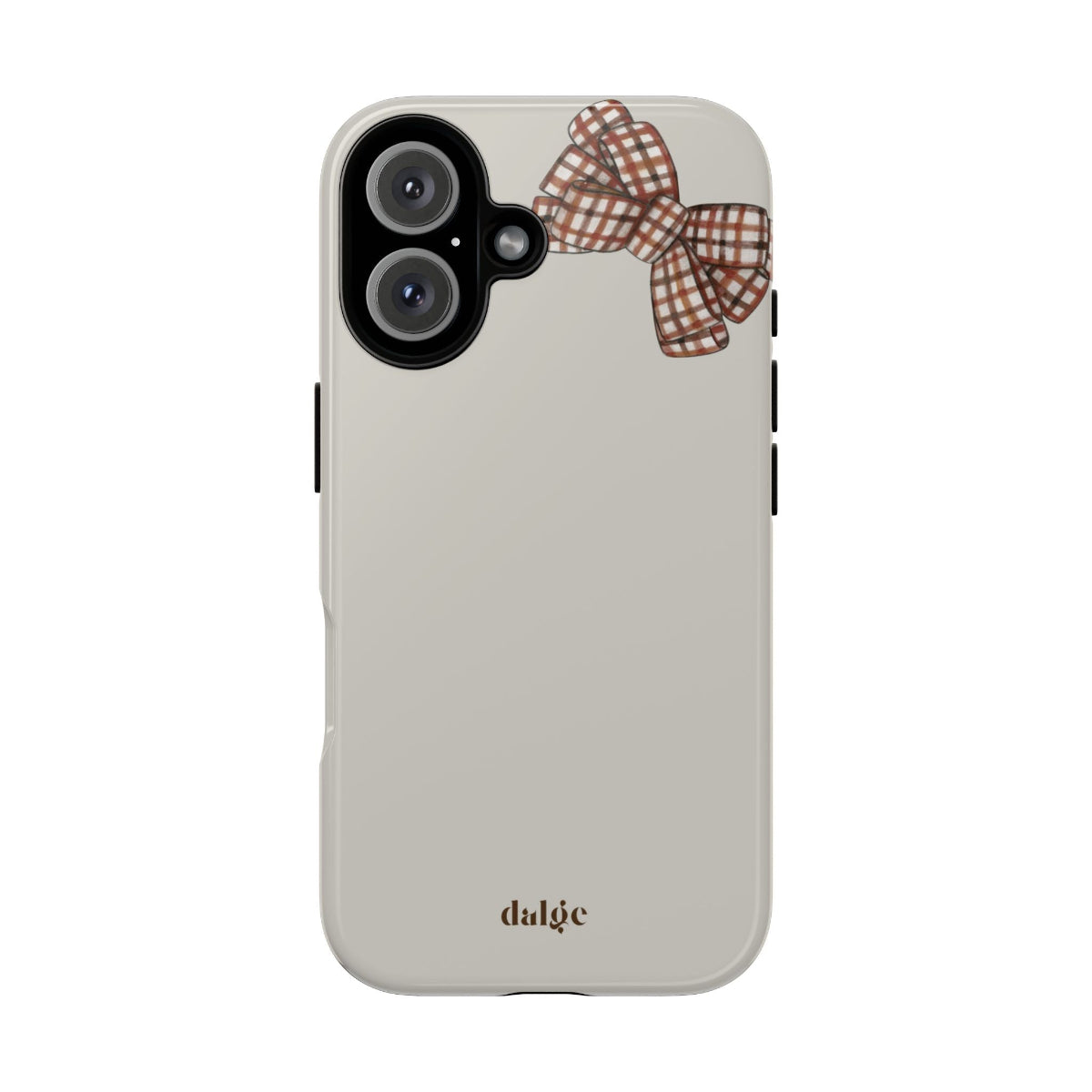 Fall Box Tough Phone Case featuring a plaid bow on a taupe background from fall  Collection Toffee Latte