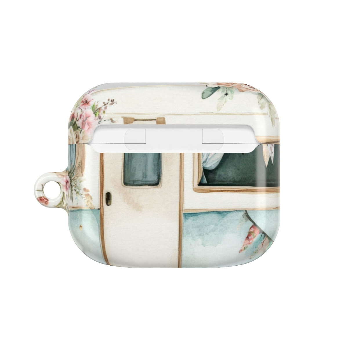 Pick Me Up At 8 Earbuds Case—Glossy polycarbonate shell featuring vintage travel watercolor camper and floral artwork, lightweight design, with clip attachment.