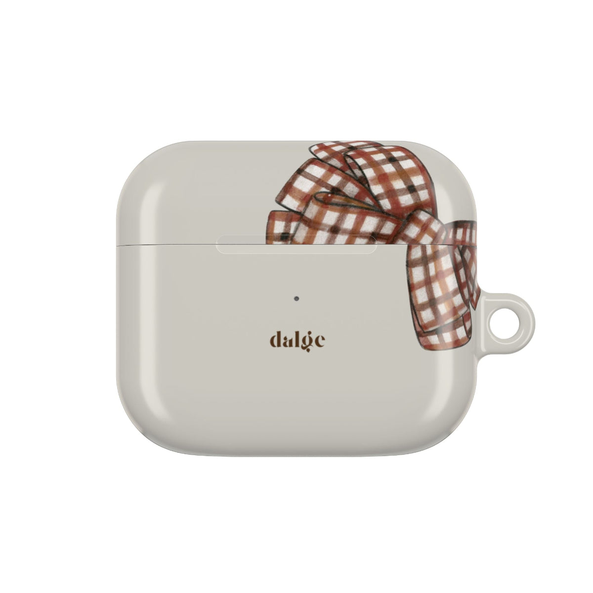 Beige wireless earbuds case with a plaid ribbon 