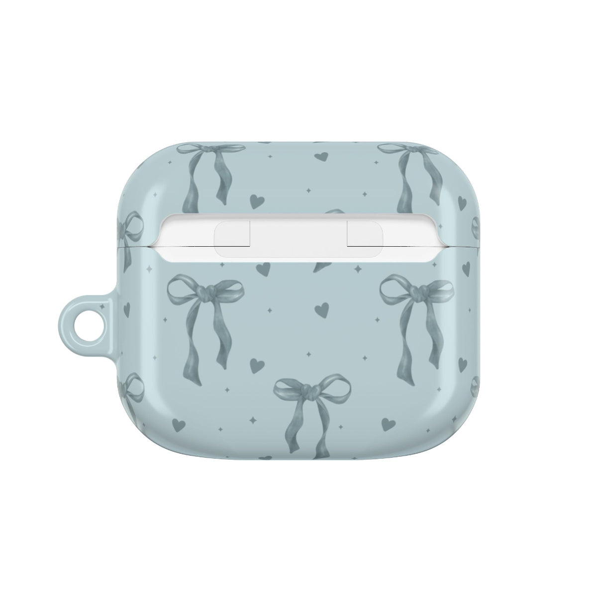 My Blues AirPods Case Back view of the slim case with a soft blue background, adorned with hand-drawn bows and small hearts, adding a charming touch.