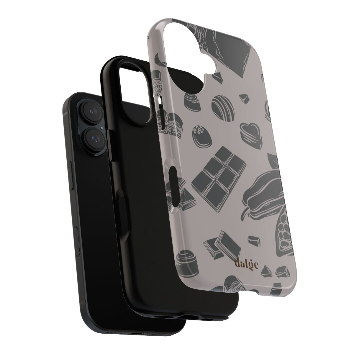 Sweet Course Tough Phone Case featuring design of chocolates in black color on taupe color background fully wrapping around the phone in an artistic way.