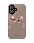 Fall Box Tough Phone Case with dark taupe background with a cute pink bow from our fall collection Toffee Latte