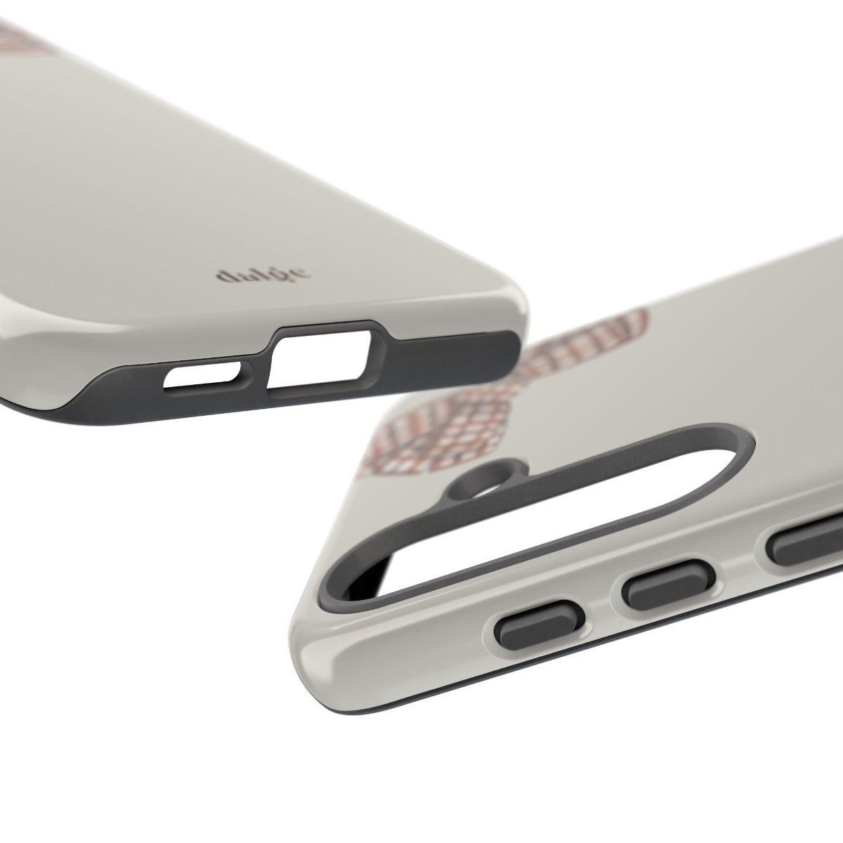 Close-up of a phone case with brand logo on a white background