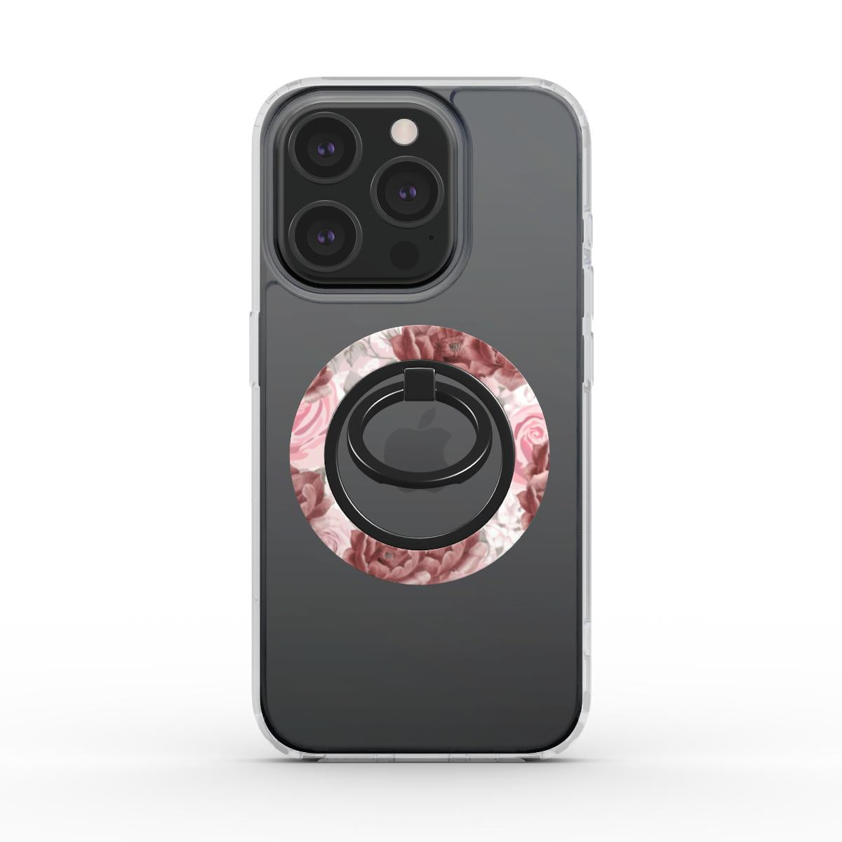 My Anniversary Phone Ring Holder featuring Burgundy and pink flowers on glossy white background 