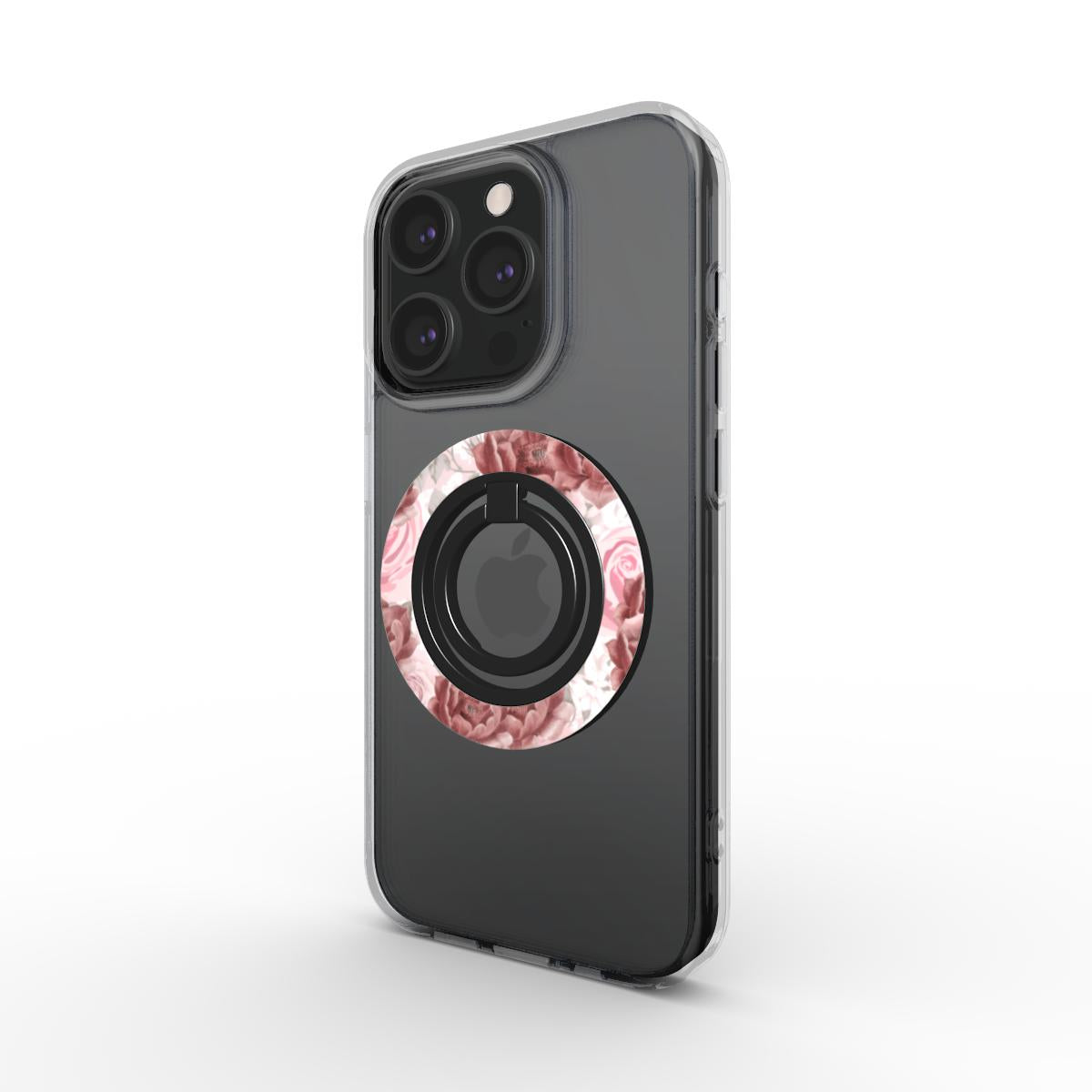 My Anniversary Phone Ring Holder featuring Burgundy and pink flowers on glossy white background 