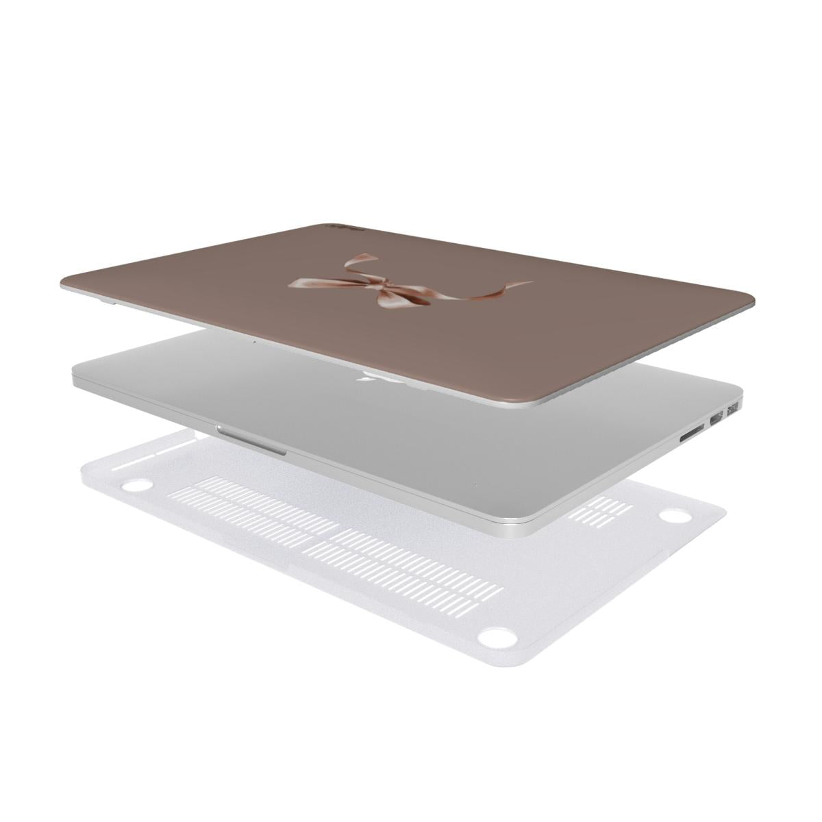 MacBook case from the Toffee Latte Fall Collection showcasing a warm brown background and a delicate salmon pink bow for a chic and sophisticated look.