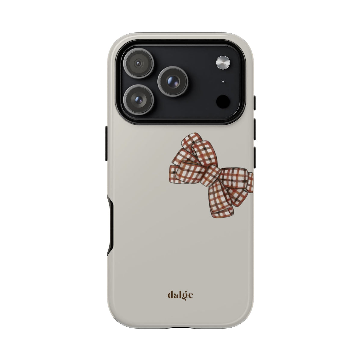 Fall Box Tough Phone Case featuring a plaid bow on a taupe background from fall  Collection Toffee Latte