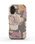 Vintage Floral Tough Phone Case featuring pastel big floral design on taupe background with dalge logo printed on 