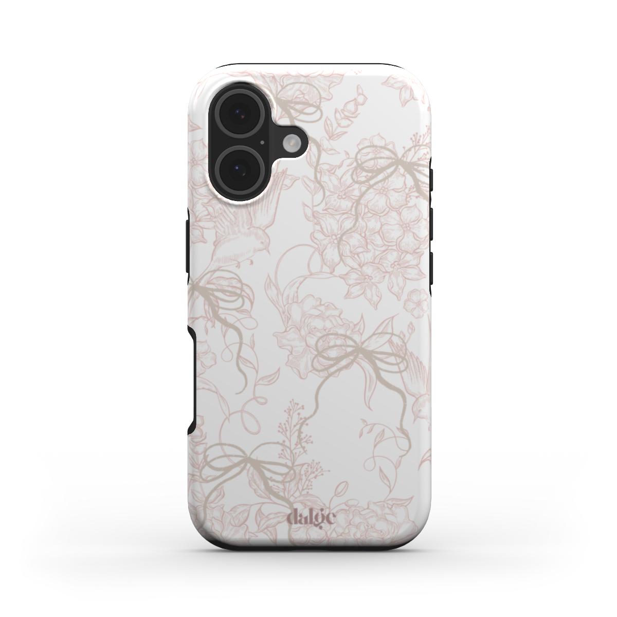 Pale Bouquet Tough Phone Case with pastel floral design and bows on white background, blending durability, protection, and elegant style.