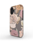 Vintage Floral Tough Phone Case featuring pastel big floral design on taupe background with dalge logo printed on 