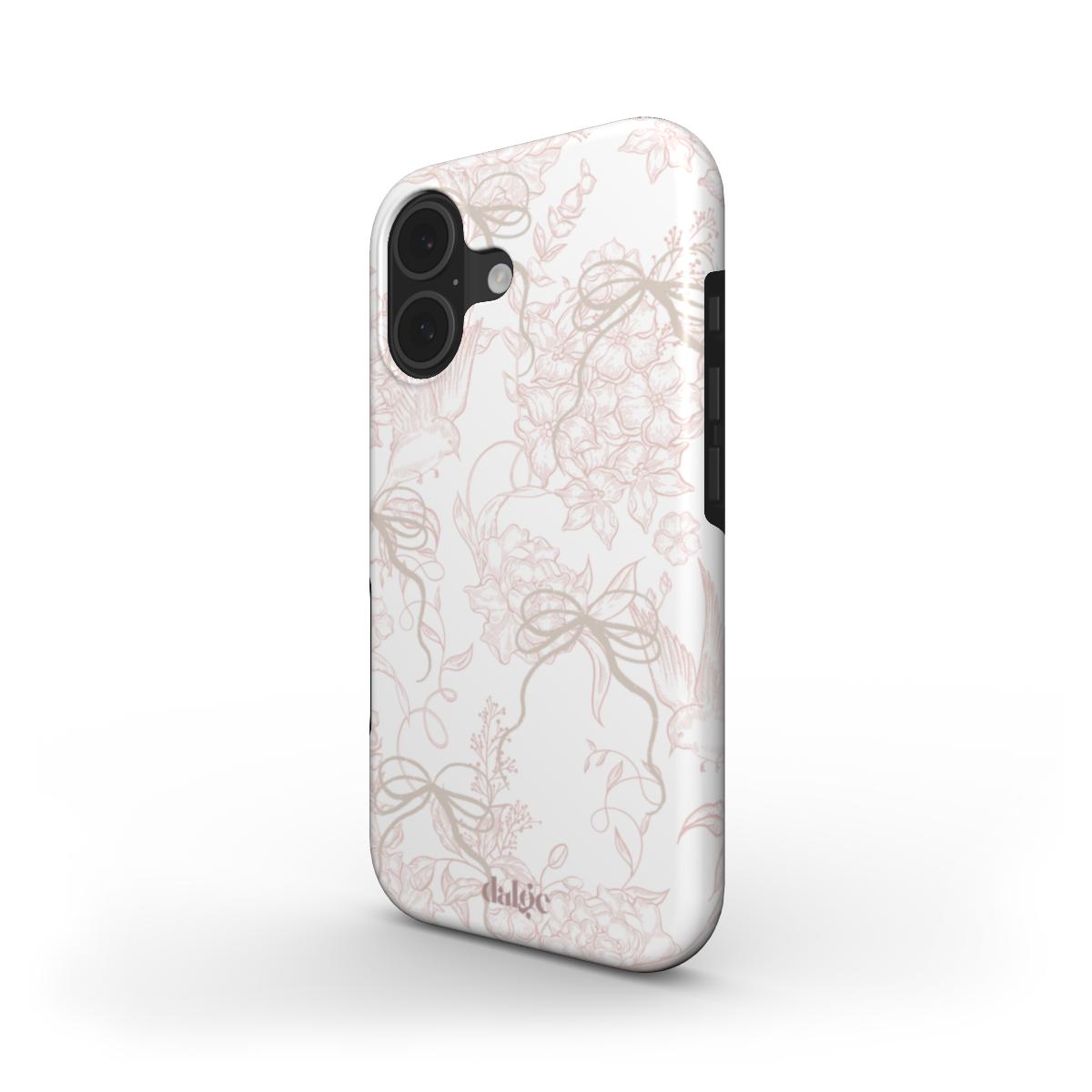 Pale Bouquet Tough Phone Case with pastel floral design and bows on white background, blending durability, protection, and elegant style.