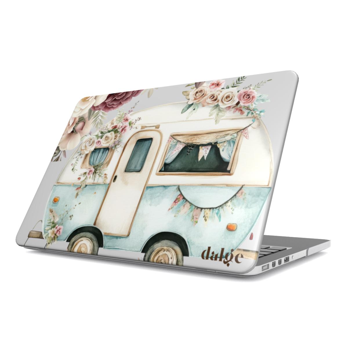 Pick Me Up At 8 Laptop Case featuring vintage travel watercolor camper and floral design, lightweight impact protection, and easy port access.