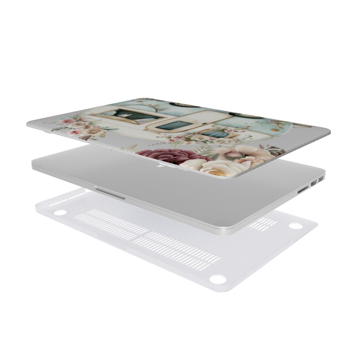 Pick Me Up At 8 Laptop Case featuring vintage travel watercolor camper and floral design, lightweight impact protection, and easy port access.