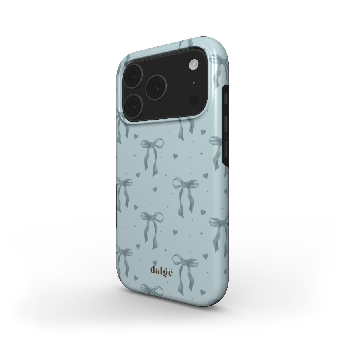 Back view of the case highlighting the sturdy polycarbonate shell and subtle whimsical pattern in soft blue tones.