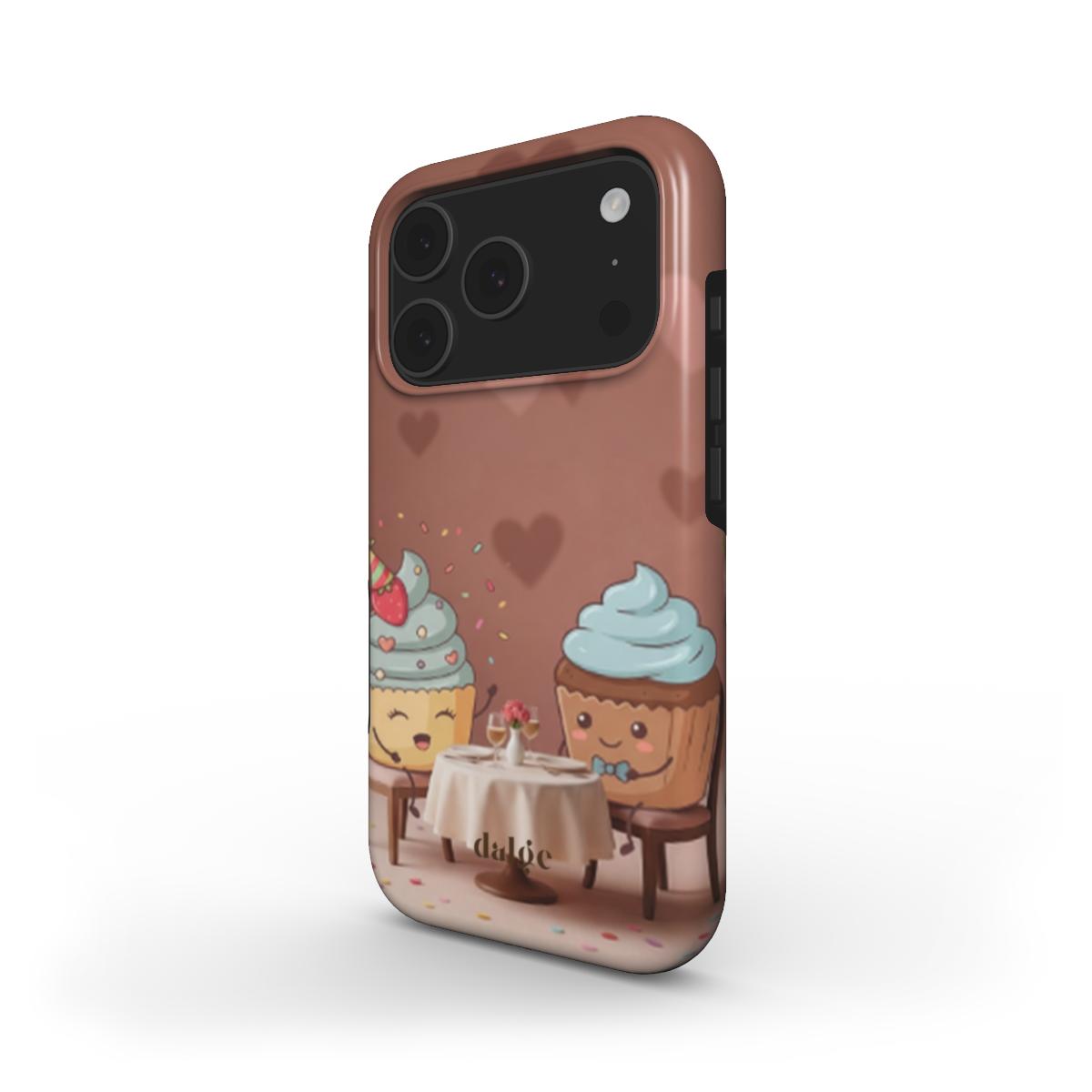 Full-wrap Sprinkles on a Date Tough Phone Case featuring cheerful cupcakes beneath hearts, with dual-layer protection and a glossy, vibrant finish.