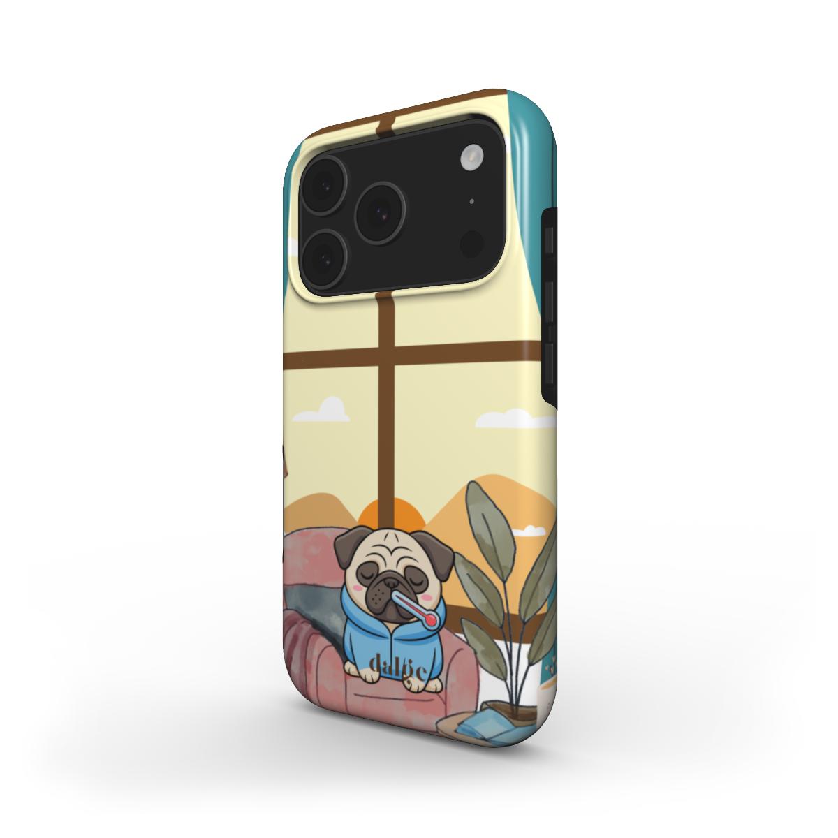 Close-up of Ollie Was Sick On Valentine’s Phone Case depicting a warm, pastel scene of Ollie resting with a mug, with dual-layer construction and seamless design.
