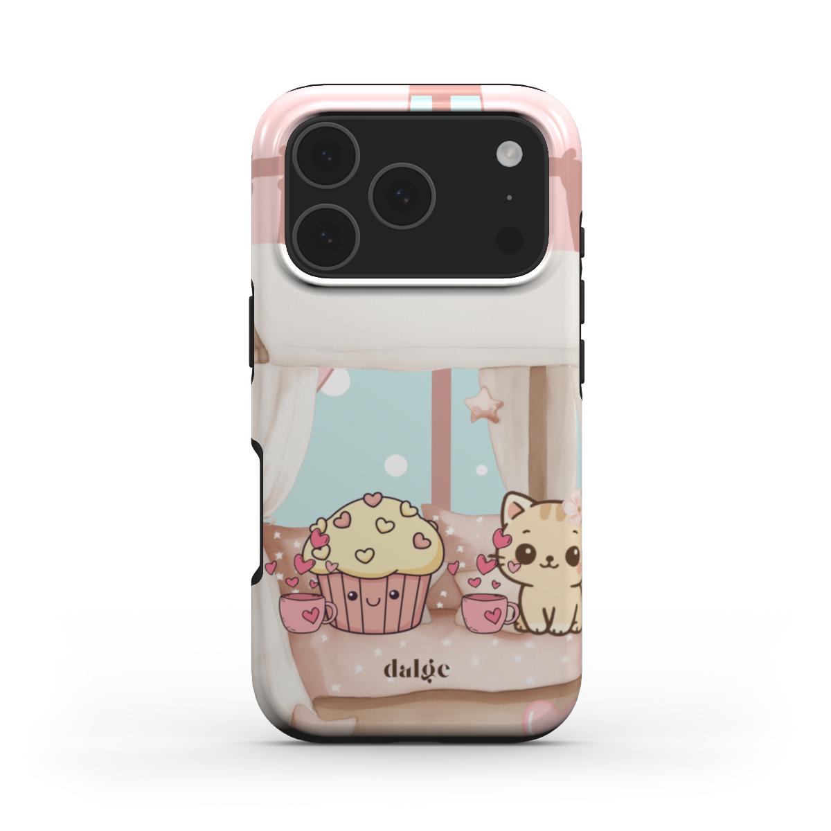 Momo’s Valentine’s Day Tough Phone Case showing a pastel scene with cupcakes, Momo curled up with a mug, full wrap-around artwork.