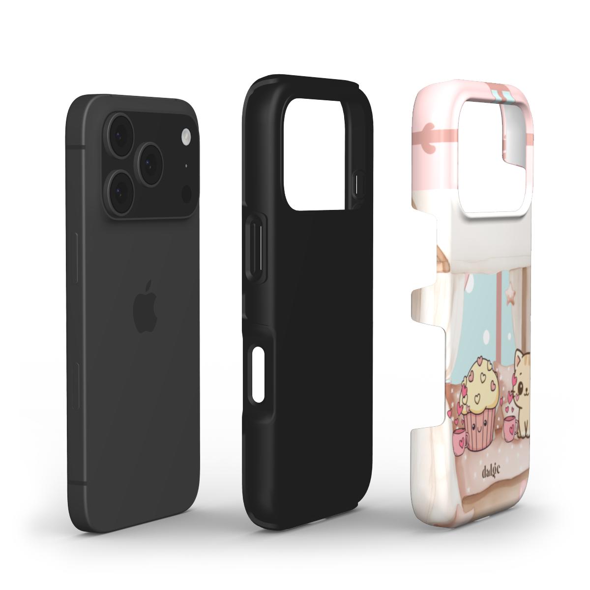 Momo’s Valentine’s Day Tough Phone Case with dual-layer protection showing a pastel scene of Momo cuddling with a mug and cupcakes.