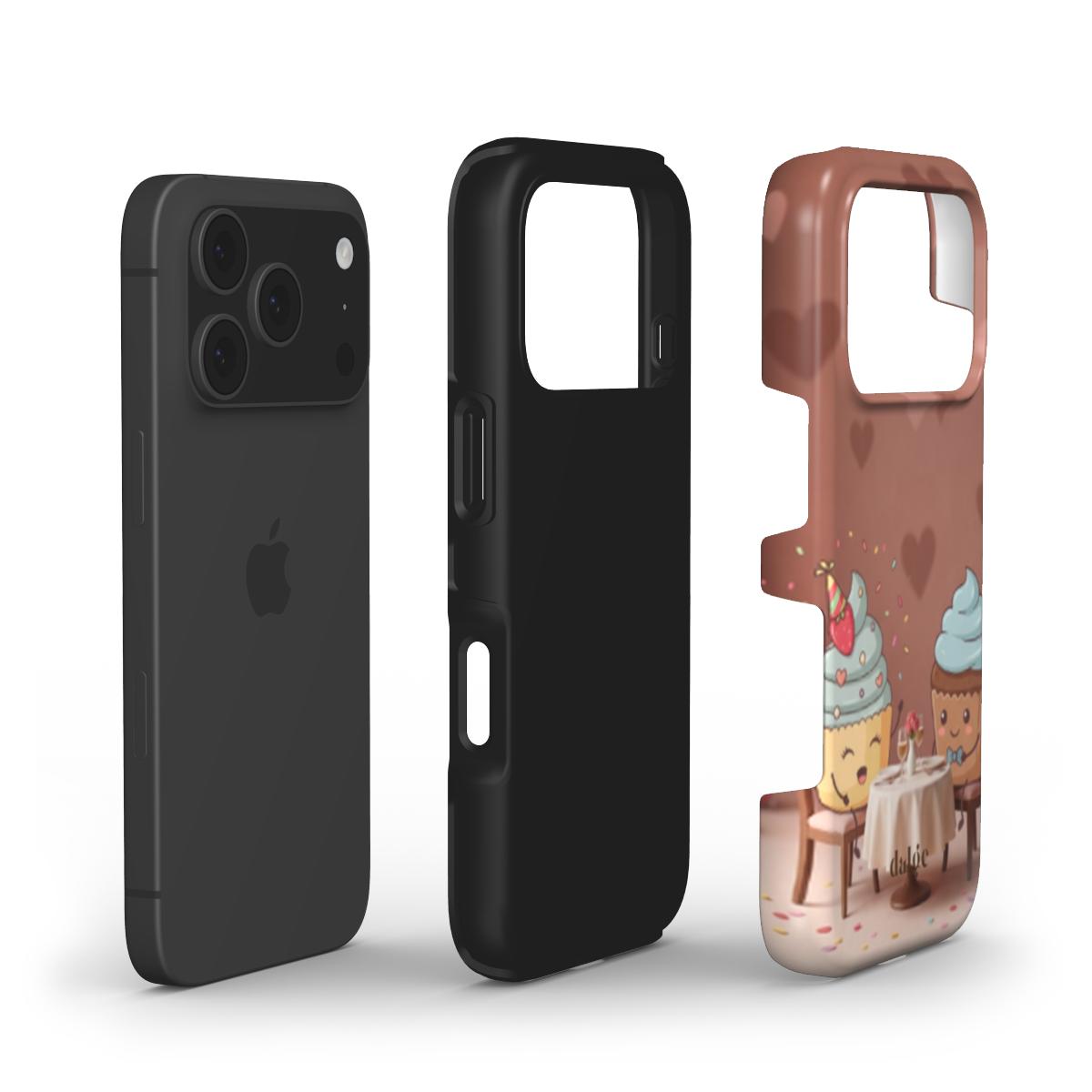 Full-wrap Sprinkles on a Date Tough Phone Case featuring cheerful cupcakes beneath hearts, with dual-layer protection and a glossy, vibrant finish.