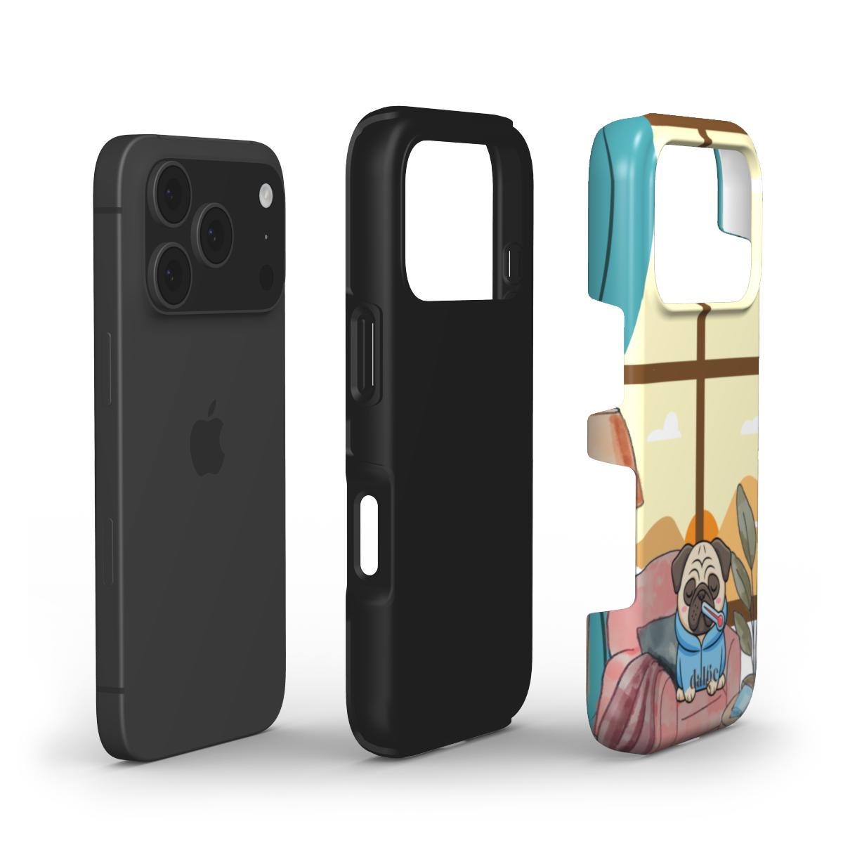 Full-wrap Ollie Was Sick On Valentine’s Phone Case featuring Ollie in a relaxing living room scene, with soft pastel tones, impact-resistant layers, and vibrant art.