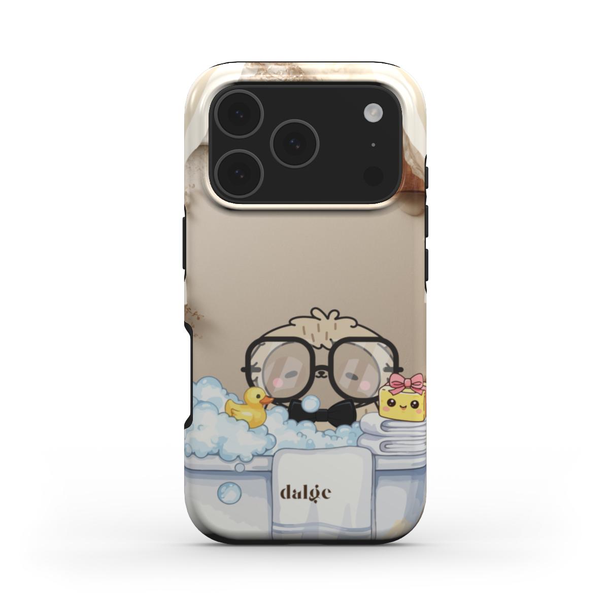 Lazy Lou Enjoying a Bubble Bath Phone Case showing Lazy Lou relaxing in a bubbly tub with a rubber duck and soap, full wrap foam scene.