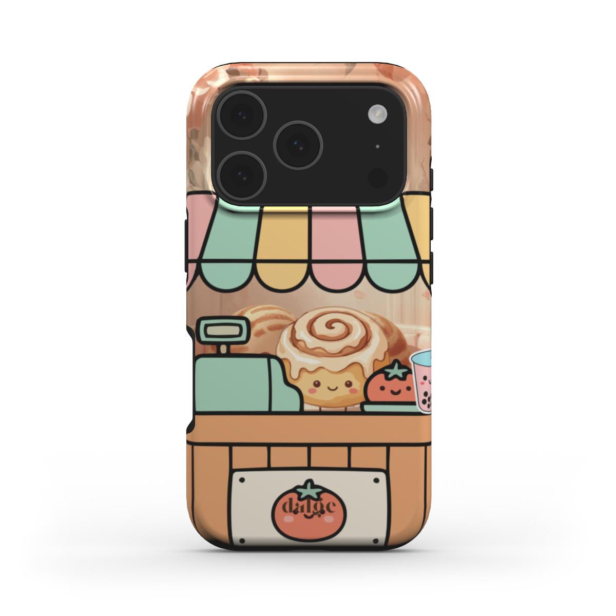 Cinna Working on Valentine’s Phone Case showing a pastel bakery scene with Cinna, strawberry, and bubble tea beneath a striped awning, full wrap.