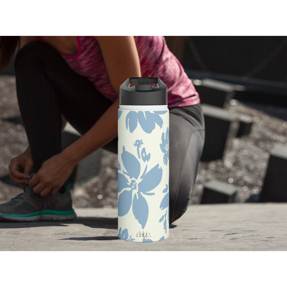 Cream Blue Aesthetic Pastel Floral Stainless Steel Water Bottle
